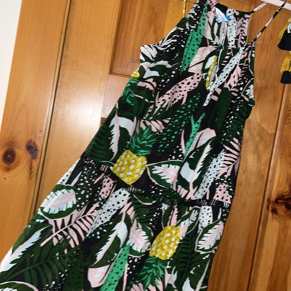 Blue Island 3 tiered maxi beach dress tropical print pineapple palm leaves XS - Picture 4 of 13